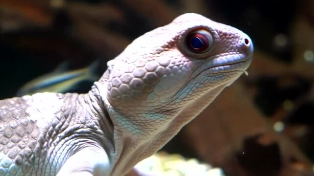 Close-up of a pink lizard with scales and red eyes in aquarium