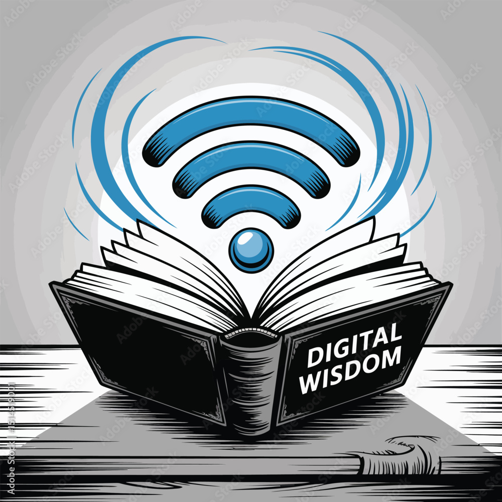 Poster digital wisdom: an open book with a wifi symbol representing online knowledge and access to informat