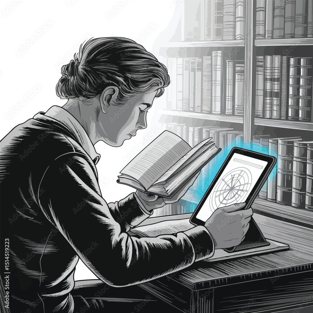 Poster man reading a book and using a tablet in a library, surrounded by bookshelves filled with books, sho