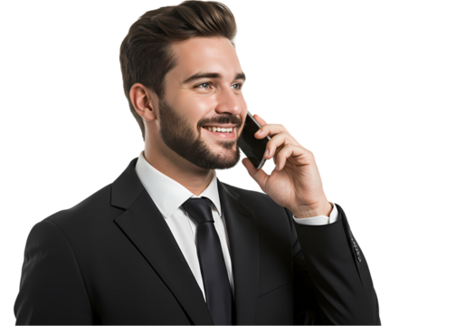 Confident Businessman Engaged in a Positive Phone Conversation Professional Communication and Success isolated on transparent baackground