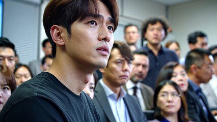 Fototapeta premium Professional businessman sitting intently during corporate presentation, surrounded by colleagues wearing formal business clothing