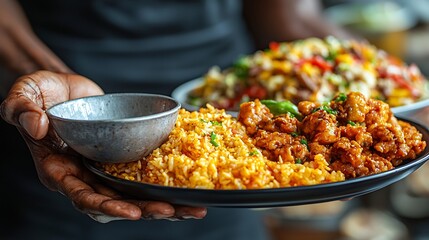 Close up of skeletal hand holding empty bowl symbolizing effect of starvation contrasted against image of full plate of junk food highlighting extreme contrast between obesity malnutrition bright