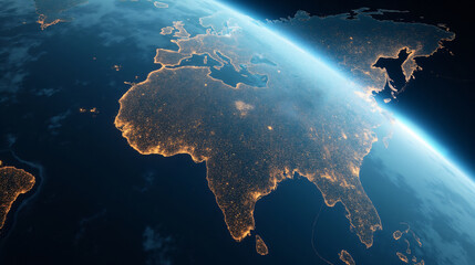 Satellite orbiting Planet above in the Earth Space