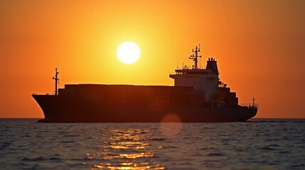 Container Cargo freight ship with working crane bridge at sunset or sunrise for Logistic Import Export background