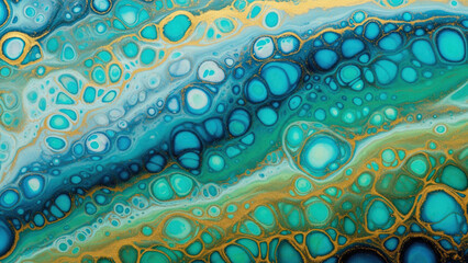 Vibrant blue and gold abstract background with fluid bubble pattern