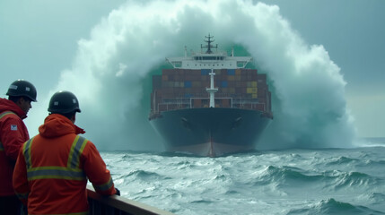 Cargo ship with container in stormy sea. Freight transportation and logistics.