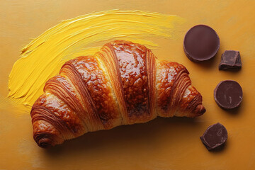 A Croissant on a Plate with a Paint Brush Stroke and Chocolate Circle