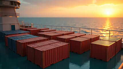 Container Cargo freight ship with working crane bridge at sunset for Logistic Import Export background