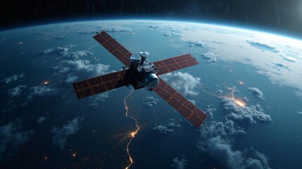 Satellite orbiting Planet above in the Earth Space