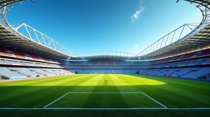 A stunning view of a empty football stadium with bright floodlights