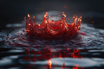 Floating Crown of Red Liquid Surrounded by Splashes and Dark Water