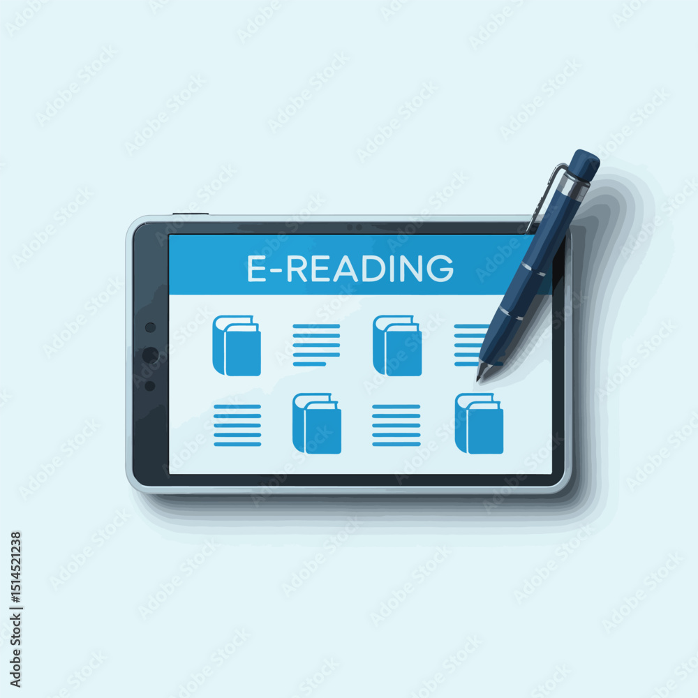 Poster tablet displaying e-reading concept with a pen resting on the screen, isolated on white background, 
