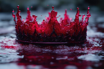 The Mysterious Red Liquid Crown Suspended Over Water in Gothic Style