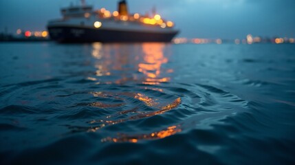Nighttime Rain Water Droplet Ripples and Reflections by the Pier from a Distance of the Ship