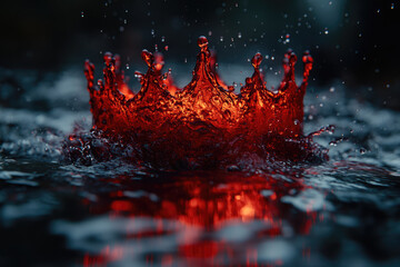 A Crown of Red Liquid Floating in Dark Waters Under Cinematic Lighting