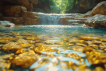 The Serene Beauty Of A Flowing Mountain River In A Rocky Canyon