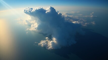 Lightning strikes amidst dramatic storm clouds over a sea of fluffy clouds above in the sky