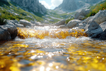 A Hyper-Realistic View Of A Serene Mountain River Flowing Through Stones