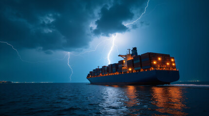 Lightning Strike Over a Cargo Ship at Sea