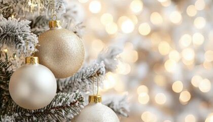 Close-up of festive gold and silver Christmas ornaments on snow-dusted tree with blurred warm lights background