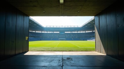 A stunning view of a empty football stadium with bright floodlights