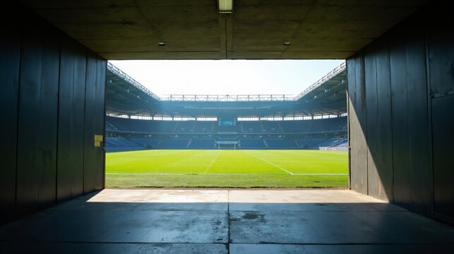 A stunning view of a empty football stadium with bright floodlights