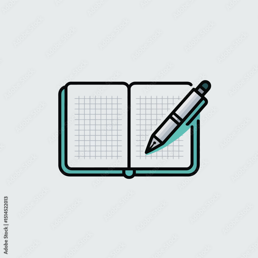 Poster open notebook with grid paper and pen isolated on white background, perfect for taking notes, planni
