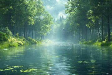 The Gentle Flow of a River Surrounded by Forest and Morning Mist