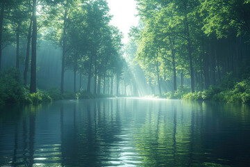 Birds Resting on Branches by a Peaceful River Through a Forest