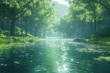 Birds Resting on Branches by a Peaceful River Through a Forest