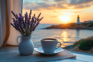 Tranquil coastal landscape with coffee and lighthouse at sunset