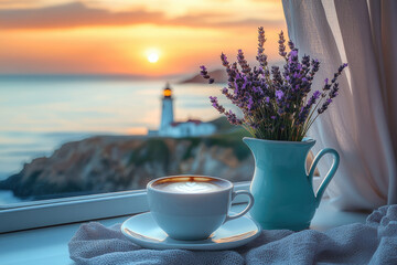 Tranquil coastal landscape with coffee and lighthouse at sunset