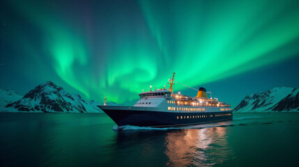 Cruise Ship Under the Mesmerizing Aurora Borealis in the Arctic Waters