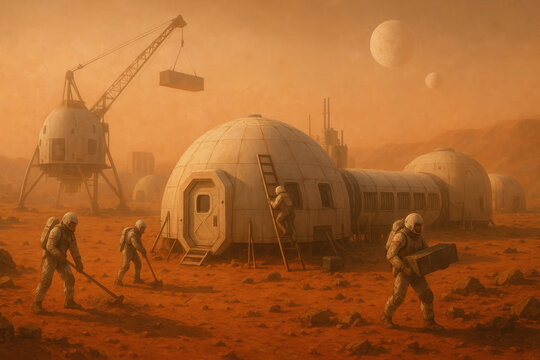 men working on a martian base painting.