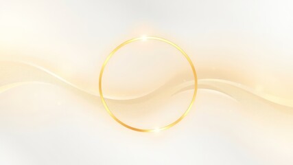 Elegant golden circle with soft beige waves and subtle glitters against a clean, bright background