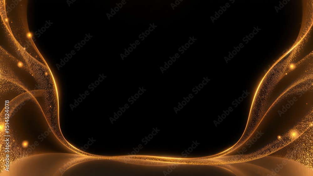 Poster elegant golden shimmering frame with flowing, luminous curved lines on a reflective surface and a bl