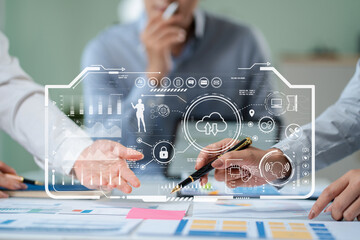 Hand touching Secure Access Service Edge icon on smartphone virtual screen background, password, network, framework and support technology in office. SASE secure access service edge concept.