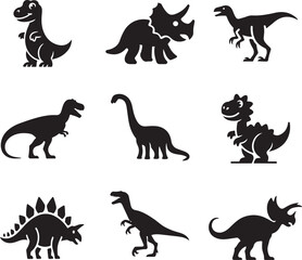 A set of simple, black silhouette dinosaur icons, perfect for children's books, educational materials, or any project needing a playful representation of these prehistoric creatures.