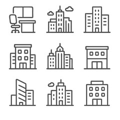 Obraz premium Nine line drawings of different building types are ideal for architectural presentations, city planning projects, educational materials, and urban design resources.