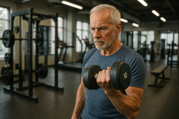 Older man lifting weights in a gym.