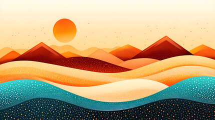 Abstract landscape with orange sun and layered hills in warm and cool tones creating peaceful and vibrant scene