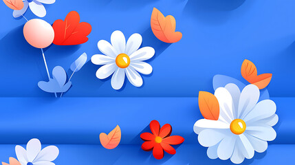Bright floral pattern with white and red flowers and orange leaves on vibrant blue background, cheerful and fresh design