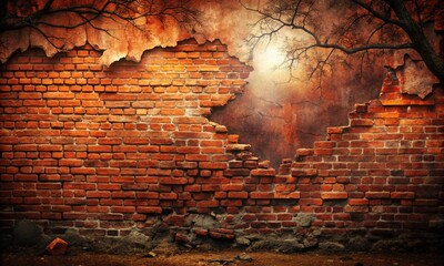 Old dilapidated brick wall. Red toned brick background with copy space for design. Web banner. Horror, Halloween, decay, gothic concept. 