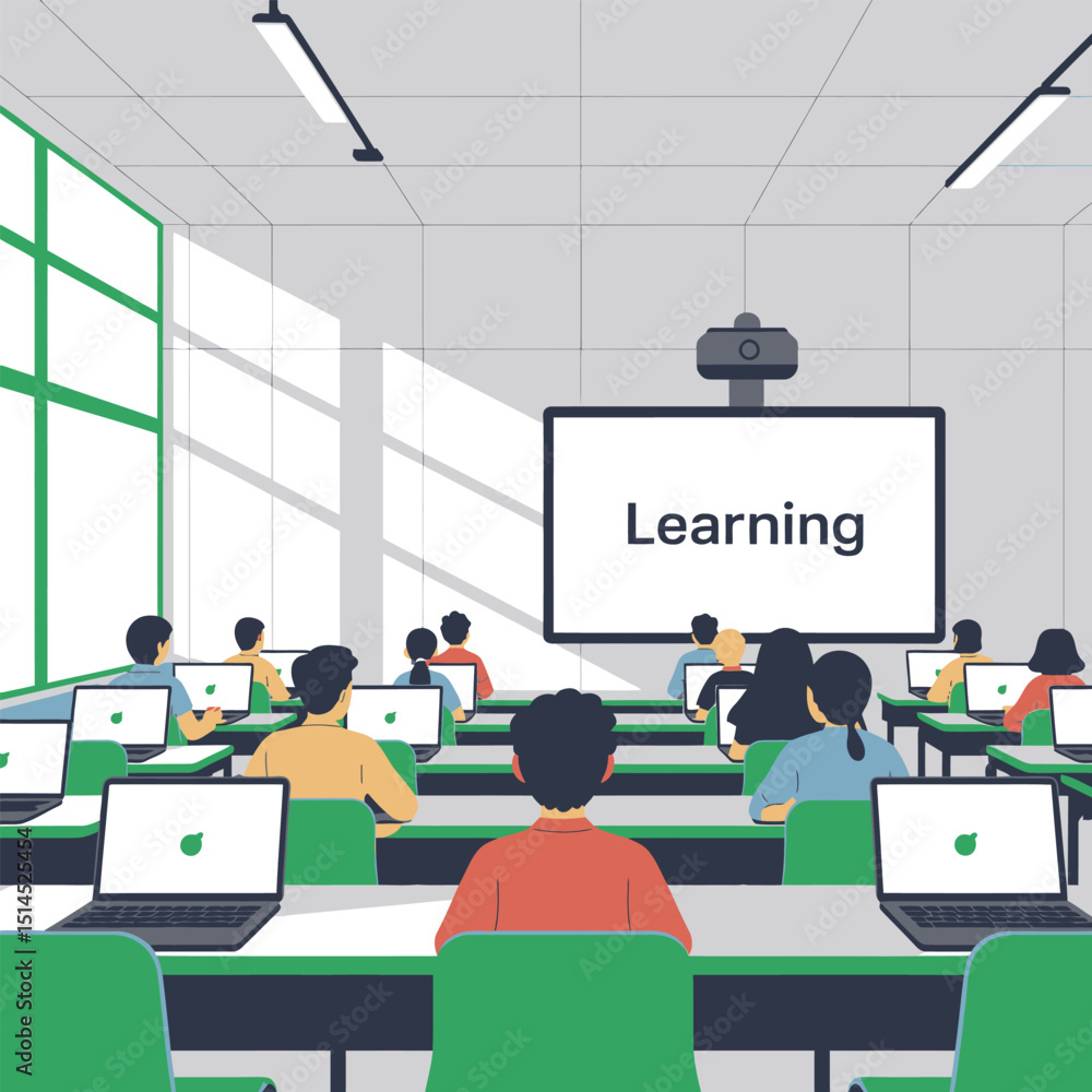 Poster students attending a learning session in a classroom with laptops, projector screen displaying the w