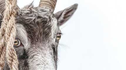 Fototapeta premium Close-up of a gray goat's face, its intense yellow eyes focused, partially obscured by a thick rope. Its horns are visible, and its fur appears coarse and weathered, against a bright white background