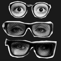 Female eyes with glasses with retro halftone style,trendy collage elements © Emma