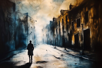 a lonely figure standing on an empty street, against a gloomy and cold urban landscape that conveys a sense of loneliness and isolation.