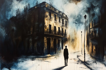 a lonely figure standing on an empty street, against a gloomy and cold urban landscape that conveys a sense of loneliness and isolation.