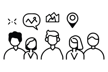 Simple line icons depicting a team of diverse people, various business growth elements like graphs, mountains, and location pins, set against a plain white background.