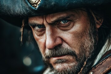 Intense pirate character in historical costume during a themed event outdoors, Man dressed in historical pirate costume with intense gaze